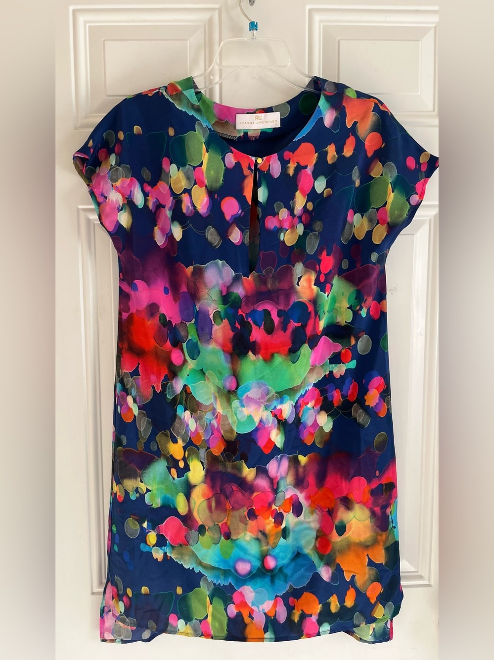 Amanda Uprichard 100% Silk Shift Dress S Watercolor Short Sleeve Abstract Print